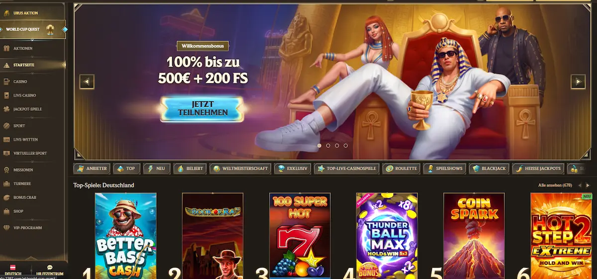 Realz Casino – Startseite mit Spieleübersicht und Navigation